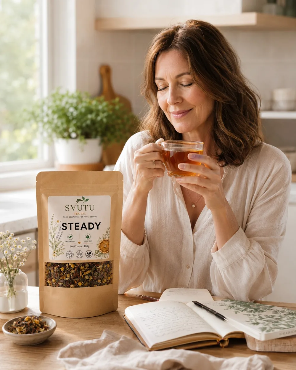 A woman enjoying Steady with her journal
