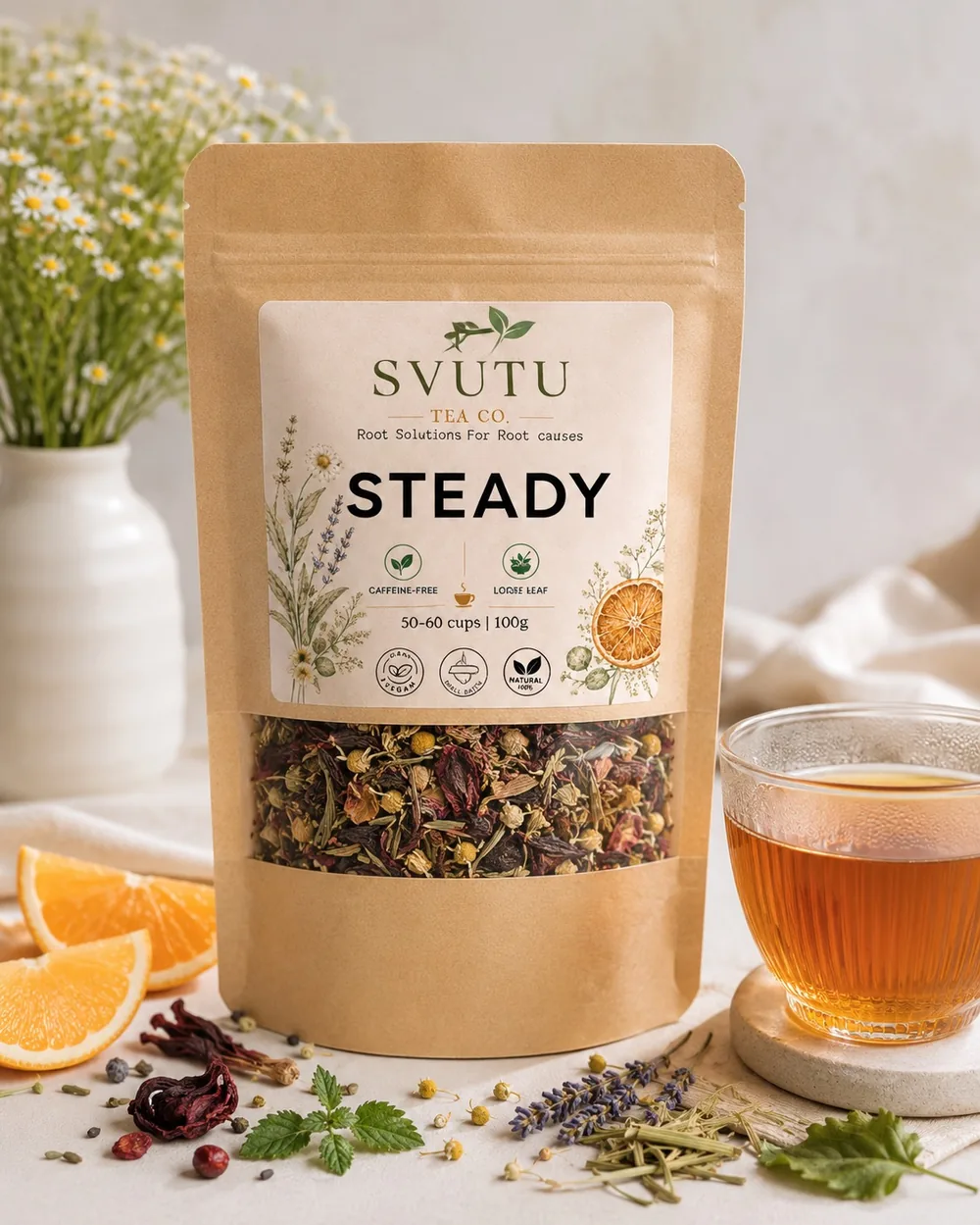 SVUTU Steady pouch with a brewed ruby cup and whole botanicals