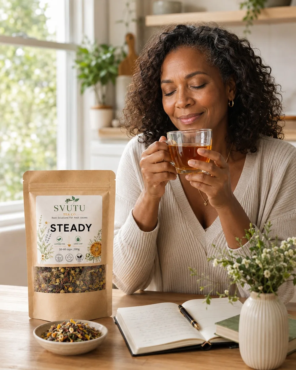 A woman savoring her cup of Steady