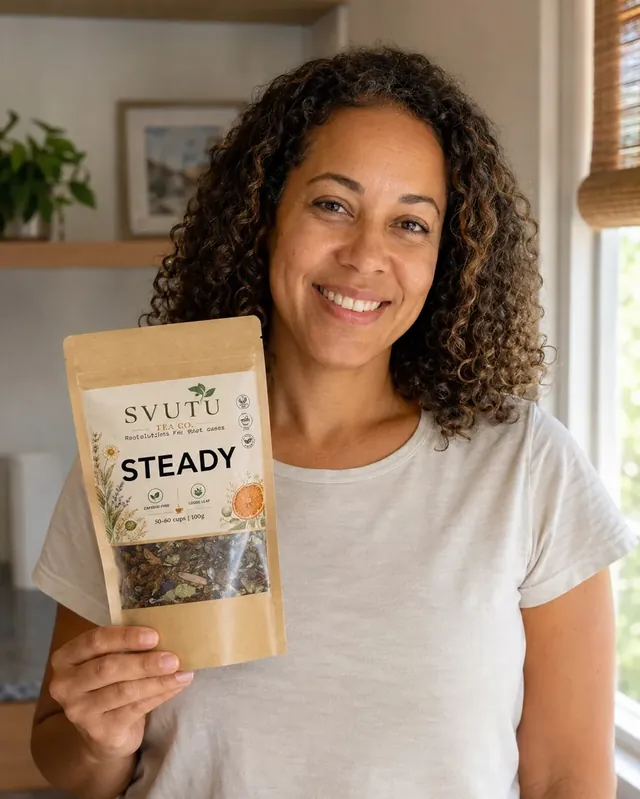 A smiling woman holding her pouch of Steady at home